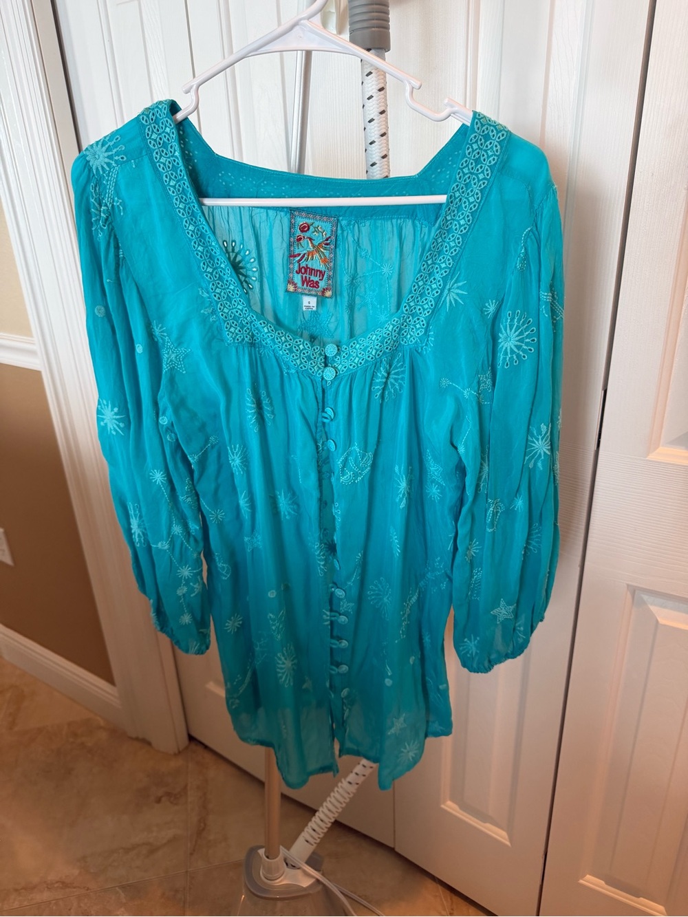 Johnny Was Teal Embroidered Peasant Top